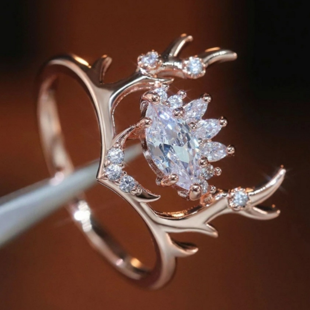 🎀Rose Gold Natural Crystals Elk Antlers Ring - Picture 1 of 8
